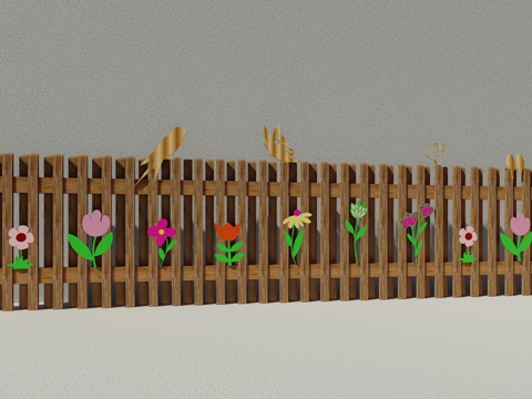 现代生态户外花园卡通木质栏杆动物围栏护栏彩色花朵儿童创意栅栏su模型