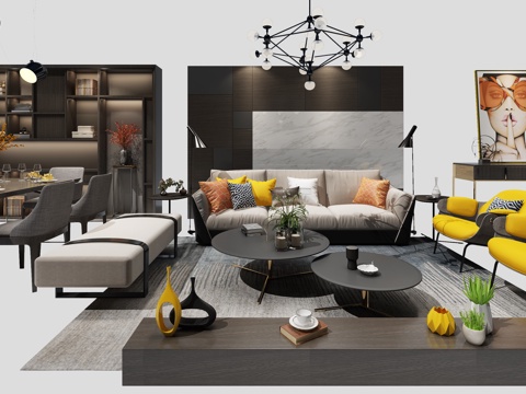  现代沙发 餐桌组合 客厅 沙发茶几  挂画 物件摆件 吊3d模型 