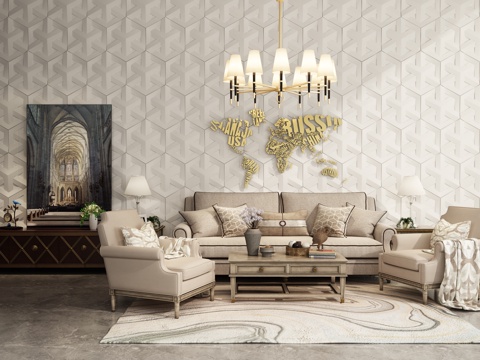  欧式简约沙发茶几组合 电视柜 吊灯 挂画组合模型3d模型 