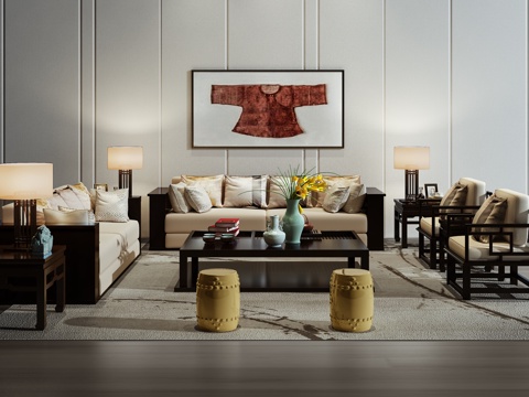  现代沙发茶几壁画组合3d模型 