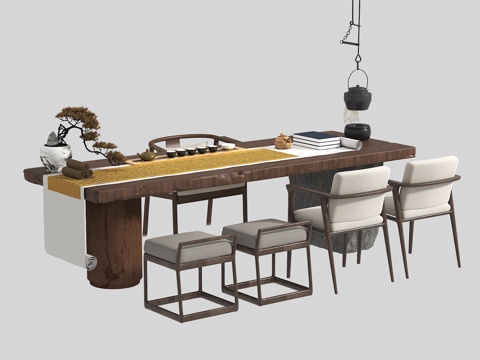  新中式茶桌椅组合3d模型 