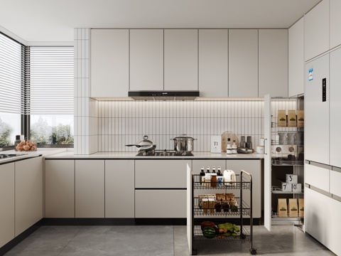 现代奶油风开放式U型厨房su模型