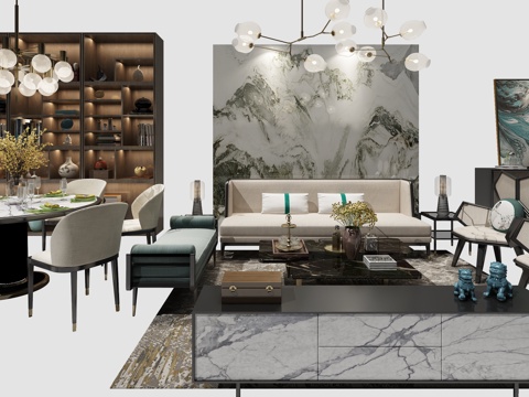  新中式沙发餐桌组合 沙发茶几 餐桌椅 挂画 物件摆件 吊3d模型 