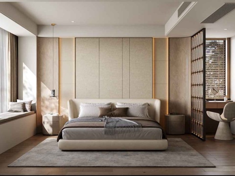  现代轻奢卧室 梳妆台 布艺双人床 床头柜 吊灯3d模型 