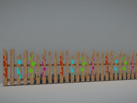 现代生态户外花园卡通木质栏杆动物围栏护栏彩色花朵儿童创意栅栏su模型