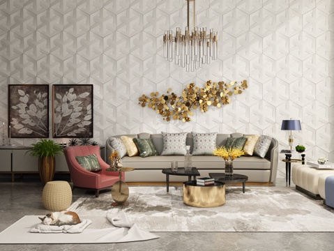  现代沙发茶几组合 电视柜 吊灯 绿植组合模型3d模型 