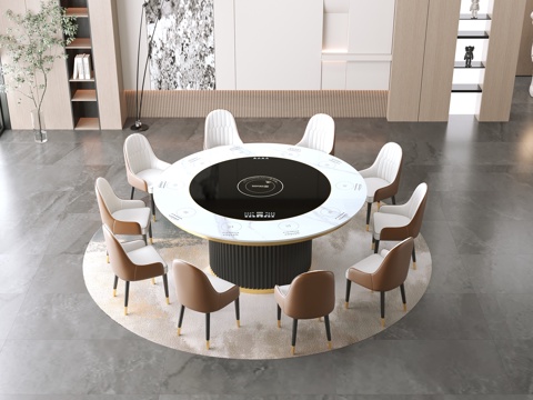  现代风格餐厅 家具大圆桌   电磁炉 灯光齐全3d模型 