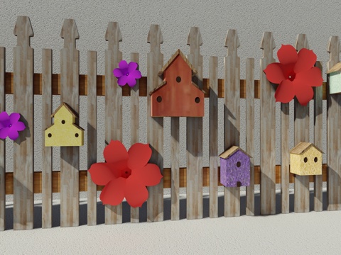 现代生态户外花园卡通木质栏杆动物围栏护栏彩色花朵儿童创意栅栏su模型