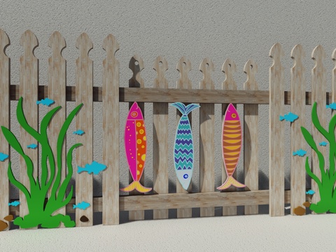 现代生态户外花园卡通木质栏杆动物围栏护栏彩色花朵儿童创意栅栏su模型