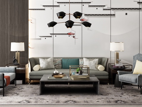  新中式沙发茶几吊灯组合3d模型 