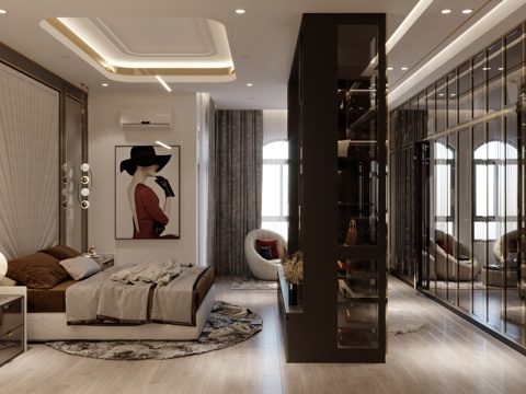  意式轻奢卧室 卧室衣帽间 酒店客房 玻璃衣柜 大理石墙豪宅3d模型 