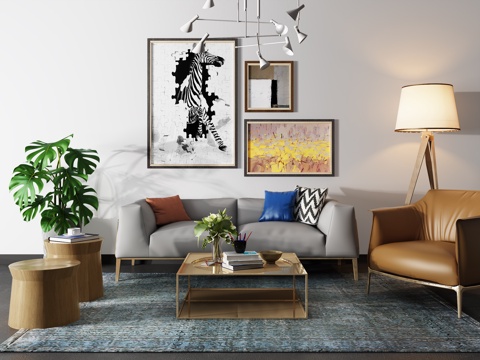  现代沙发茶几壁画组合3d模型 