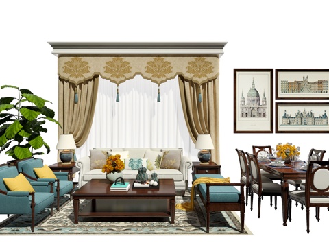  美式简约沙发 茶几 餐桌 椅挂画 窗帘 植物组合3d模型 