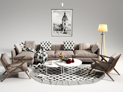  现代布艺 多人沙发 布艺单人沙发 茶几组合3d模型 