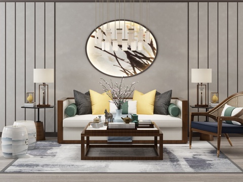  中式沙发茶几组合 吊灯组合3d模型 