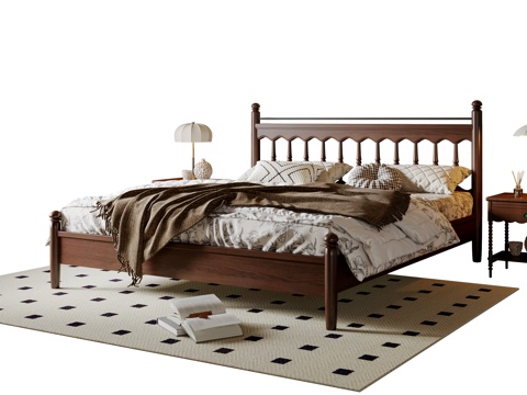 法式双人床 实木双人床 床头柜 吊灯 地毯su模型