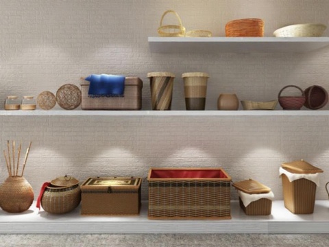 日式多层收纳架 竹藤木质家居置物架 手工陶艺品装饰架免费3d模型