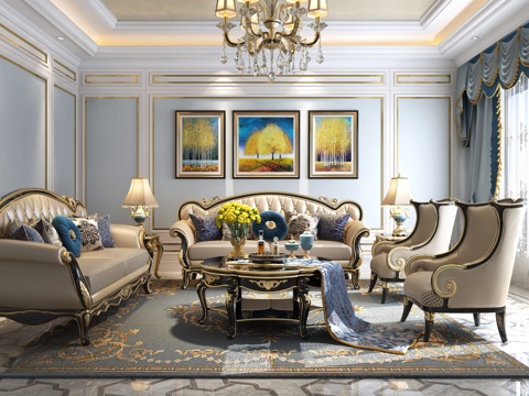  欧式古典客厅沙发 吊灯 沙发茶几 挂画 客厅3d模型 