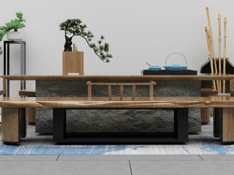  新中式茶室 茶台组合3d模型 