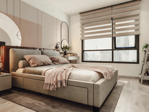  现代简约温馨卧室 软包床 到顶衣柜 梳妆台书桌 几何背景墙3d模型 