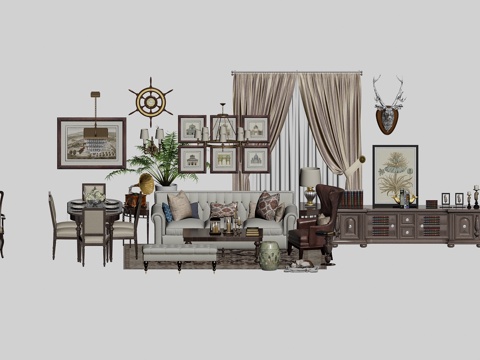  简约美式沙发 餐桌椅客厅 休闲椅电视柜 装饰品 组合3d模型 