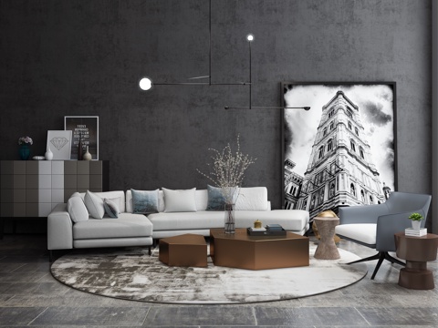  现代折角沙发 茶几 挂画 边柜 斗柜组合模型3d模型 