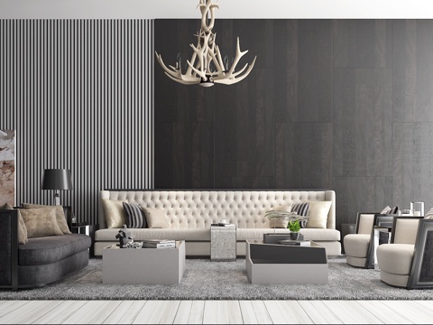  新中式沙发组合 沙发茶几 吊灯 台灯3d模型 