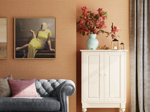  美式沙发 装饰柜 装饰画 花瓶窗帘组合3d模型 