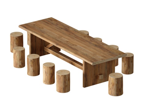  带树桩的大型户外木质野餐餐桌3d模型 