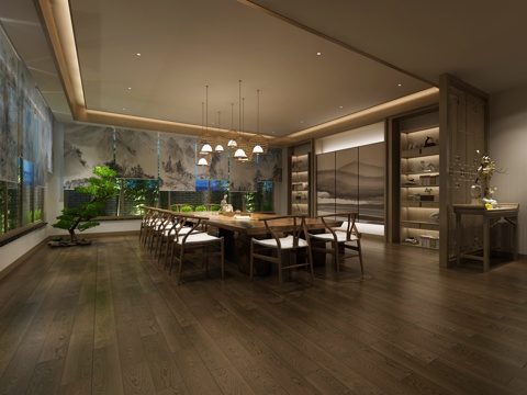  新中式休闲茶馆 餐桌椅3d模型 