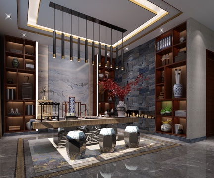  新中式茶室 鸟笼灯 原木茶桌 吊灯3d模型 