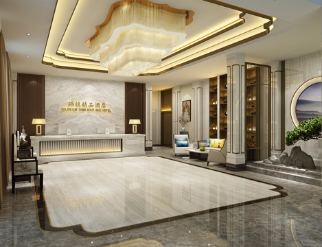  新中式酒店大厅 酒店前台 吊灯3d模型 