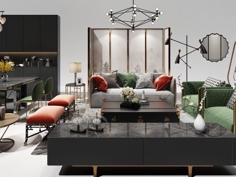 现代沙发 餐桌组合 吊灯 沙发茶几3d模型 