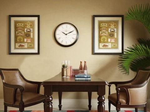 典雅客厅书房家具组合 棕色皮革扶手椅搭配木质书桌 对称装饰画挂钟设计免费3d模型