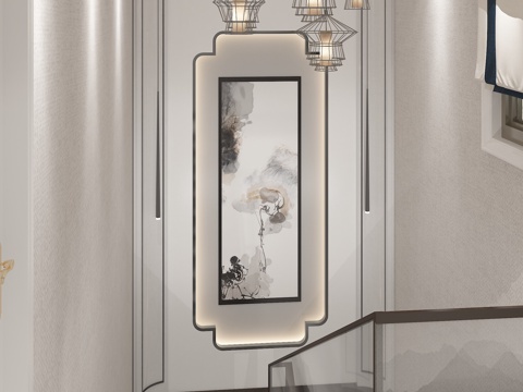  新中式楼梯间3d模型 