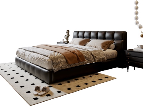 法式双人床 皮质双人床 床头柜 吊灯 地毯su模型