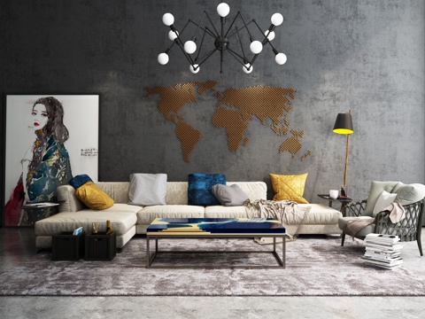  现代沙发茶几挂画吊灯组合模型3d模型 