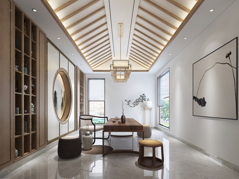  新中式茶室 吊灯 挂画 餐桌椅3d模型 