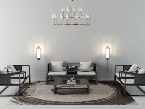  新中式沙发  双人沙发 茶几 地毯 吊灯 落地灯3d模型 