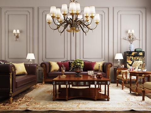  欧式古典沙发茶几组合 吊灯 边柜组合模型3d模型 