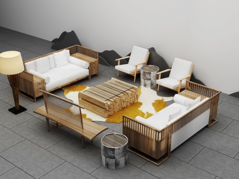  新中式沙发茶几组合 沙发茶几 餐桌椅 客厅 吊灯 挂画 玄关3d模型 