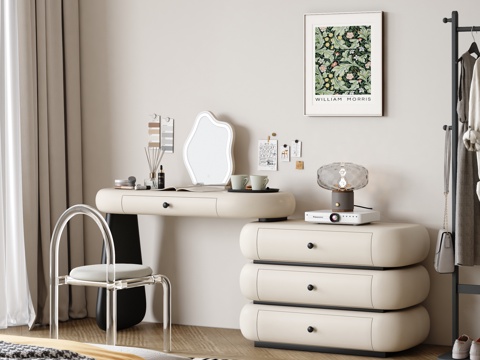  奶油风梳妆台 成品化妆桌3d模型 