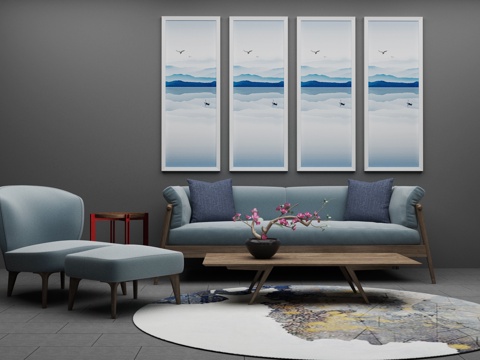  新中式沙发茶几组合3d模型 