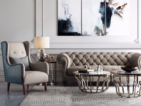  意大利美式组合沙发 美式组合沙发 装饰画 组合沙发 单人沙发3d模型 