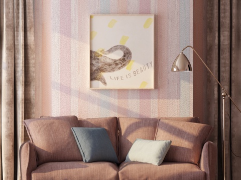  北欧简约沙发 落地灯 装饰画 窗帘组合3d模型 