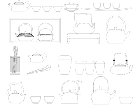 新中式茶具茶壶茶杯立面图块cad施工图