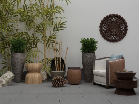  新中式庭院景观3d模型 