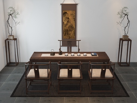  中式茶室 椅子 茶具 摆件 花几 盆景 中式画3d模型 