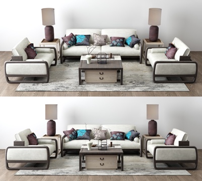  新中式沙发茶几台灯组合3d模型 