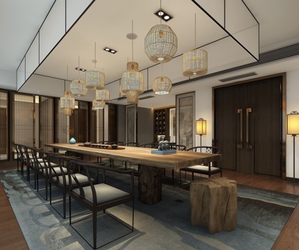  茶室中式餐桌椅 挂画 物件摆件 吊灯3d模型 